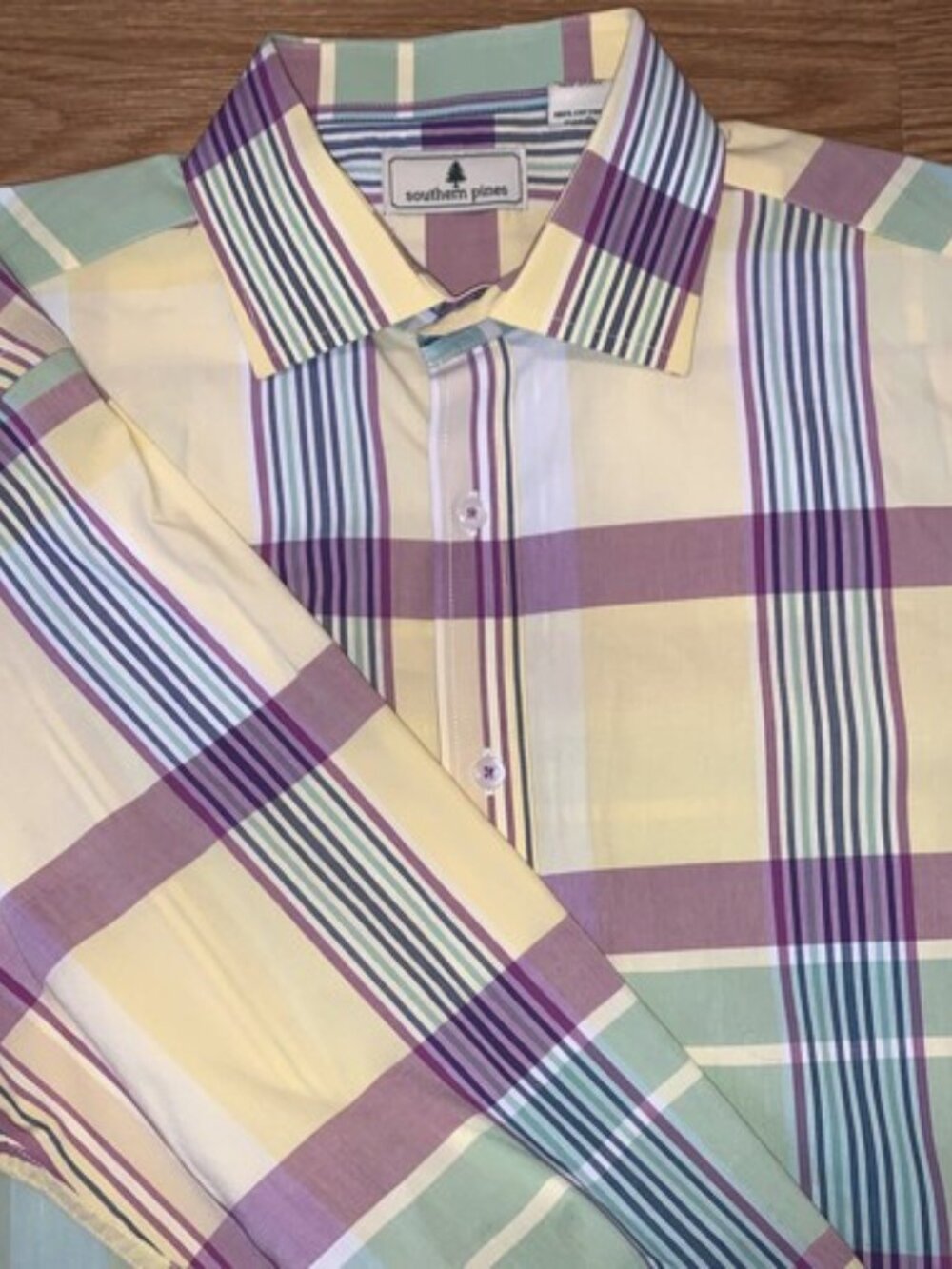 Southern Pines Men’s L Cotton Button Up Shirt Long Sleeve Yellow Purple Plaid